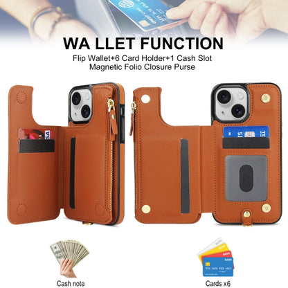 For iPhone 15 Plus Double Flap Zipper RFID Leather Phone Case with Short Lanyard(Brown) - iPhone 15 Plus Cases by buy2fix | Online Shopping UK | buy2fix