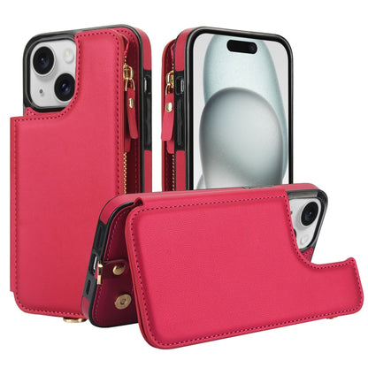 For iPhone 15 Double Flap Zipper RFID Leather Phone Case with Short Lanyard(Red) - iPhone 15 Cases by buy2fix | Online Shopping UK | buy2fix