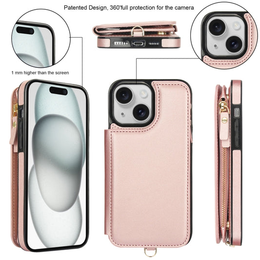 For iPhone 15 Double Flap Zipper RFID Leather Phone Case with Short Lanyard(Rose Gold) - iPhone 15 Cases by buy2fix | Online Shopping UK | buy2fix