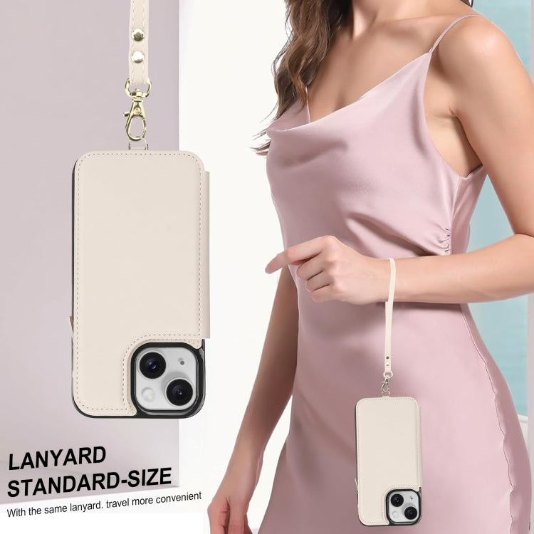 For iPhone 14 Plus Double Flap Zipper RFID Leather Phone Case with Short Lanyard(White) - iPhone 14 Plus Cases by buy2fix | Online Shopping UK | buy2fix