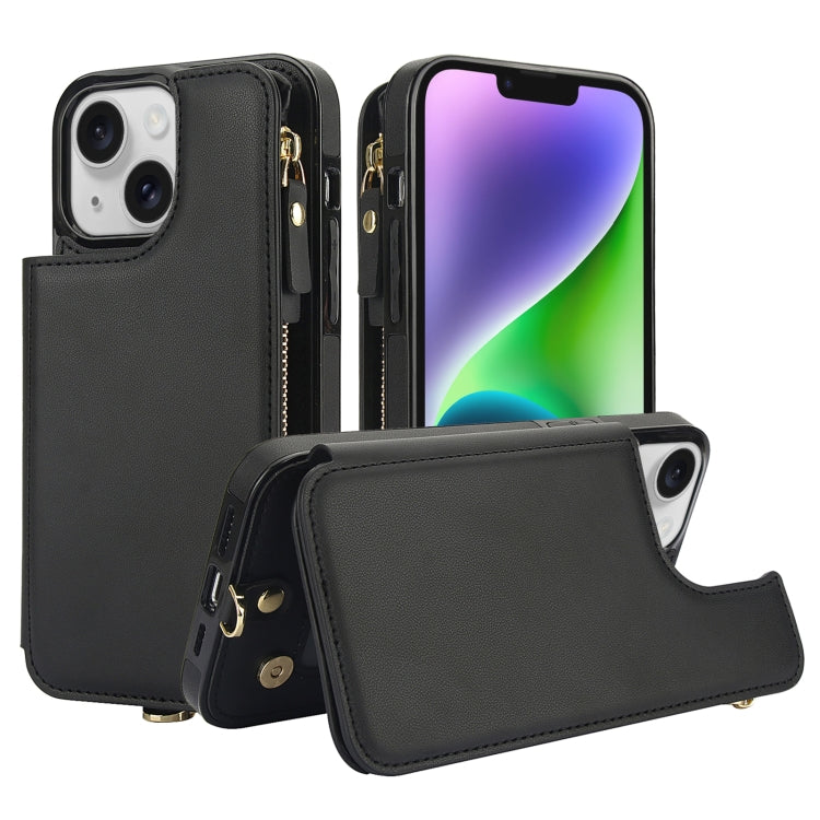 For iPhone 14 Plus Double Flap Zipper RFID Leather Phone Case with Short Lanyard(Black) - iPhone 14 Plus Cases by buy2fix | Online Shopping UK | buy2fix