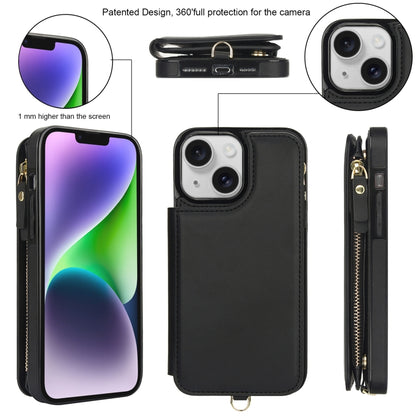 For iPhone 14 Plus Double Flap Zipper RFID Leather Phone Case with Short Lanyard(Black) - iPhone 14 Plus Cases by buy2fix | Online Shopping UK | buy2fix