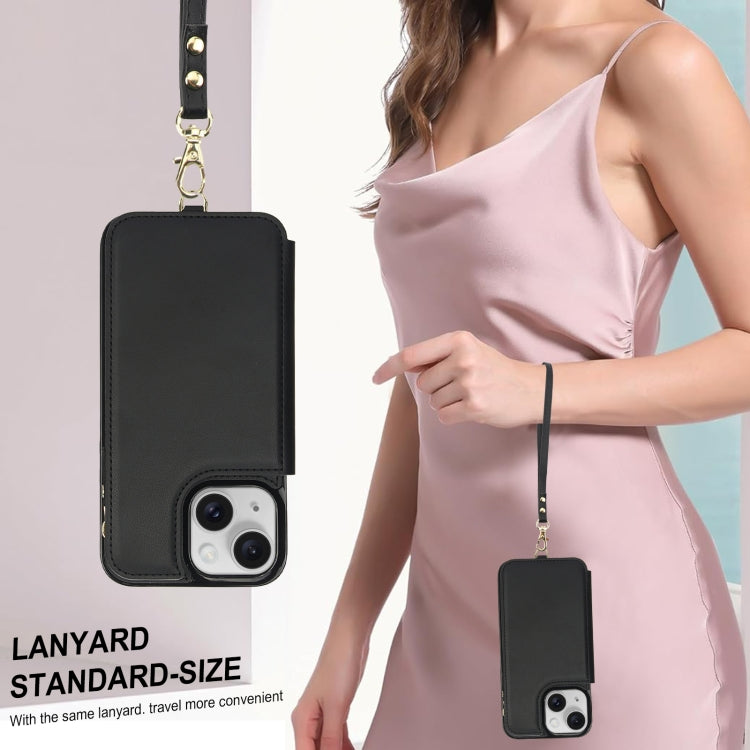 For iPhone 14 Plus Double Flap Zipper RFID Leather Phone Case with Short Lanyard(Black) - iPhone 14 Plus Cases by buy2fix | Online Shopping UK | buy2fix