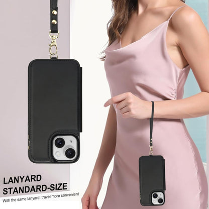 For iPhone 14 Plus Double Flap Zipper RFID Leather Phone Case with Short Lanyard(Black) - iPhone 14 Plus Cases by buy2fix | Online Shopping UK | buy2fix