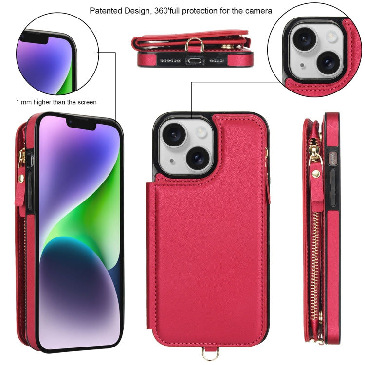 For iPhone 14 Plus Double Flap Zipper RFID Leather Phone Case with Short Lanyard(Red) - iPhone 14 Plus Cases by buy2fix | Online Shopping UK | buy2fix