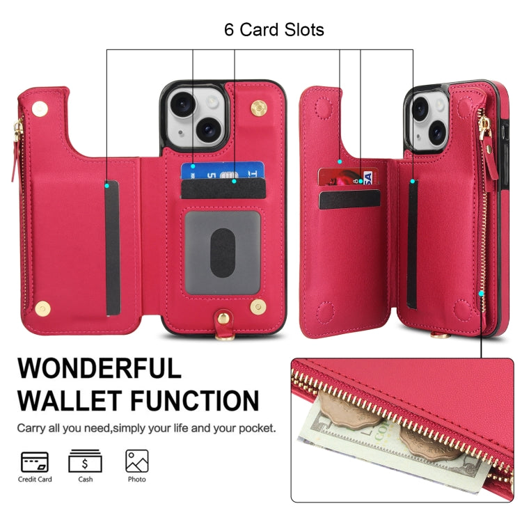 For iPhone 14 Plus Double Flap Zipper RFID Leather Phone Case with Short Lanyard(Red) - iPhone 14 Plus Cases by buy2fix | Online Shopping UK | buy2fix
