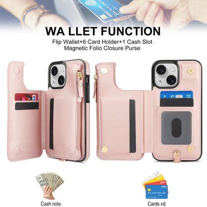 For iPhone 14 Plus Double Flap Zipper RFID Leather Phone Case with Short Lanyard(Rose Gold) - iPhone 14 Plus Cases by buy2fix | Online Shopping UK | buy2fix