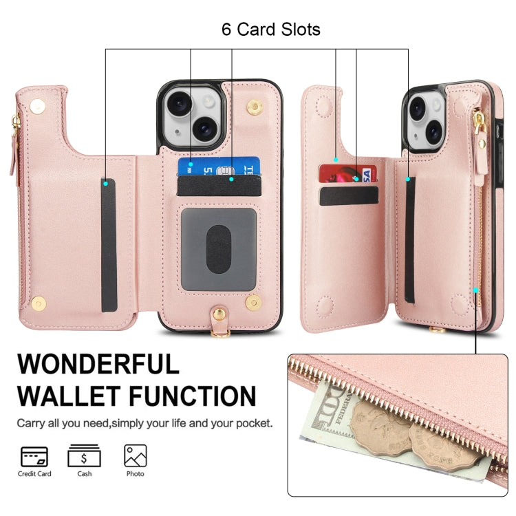 For iPhone 14 Plus Double Flap Zipper RFID Leather Phone Case with Short Lanyard(Rose Gold) - iPhone 14 Plus Cases by buy2fix | Online Shopping UK | buy2fix