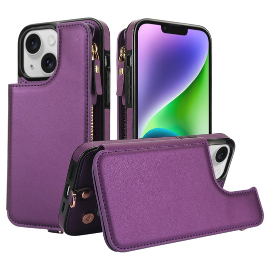 For iPhone 14 Plus Double Flap Zipper RFID Leather Phone Case with Short Lanyard(Dark Purple) - iPhone 14 Plus Cases by buy2fix | Online Shopping UK | buy2fix
