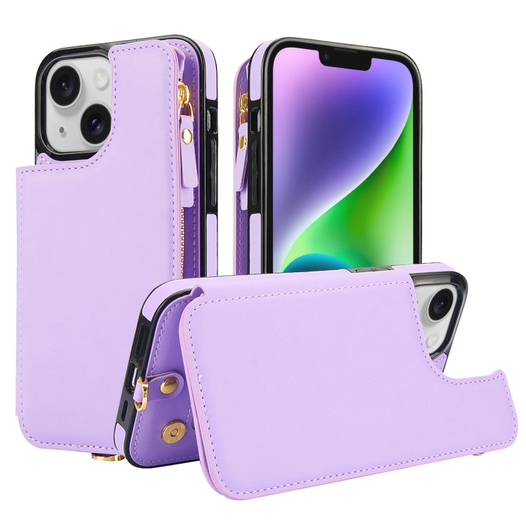 For iPhone 14 Plus Double Flap Zipper RFID Leather Phone Case with Short Lanyard(Light Purple) - iPhone 14 Plus Cases by buy2fix | Online Shopping UK | buy2fix