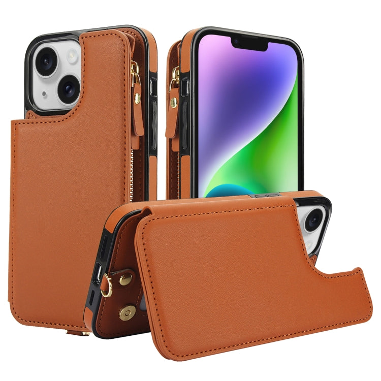 For iPhone 14 Plus Double Flap Zipper RFID Leather Phone Case with Short Lanyard(Brown) - iPhone 14 Plus Cases by buy2fix | Online Shopping UK | buy2fix