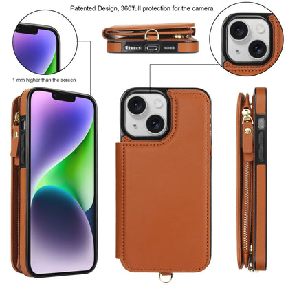 For iPhone 14 Plus Double Flap Zipper RFID Leather Phone Case with Short Lanyard(Brown) - iPhone 14 Plus Cases by buy2fix | Online Shopping UK | buy2fix