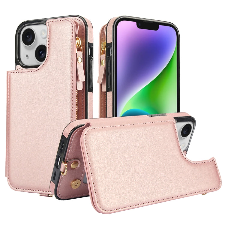 For iPhone 14 Double Flap Zipper RFID Leather Phone Case with Short Lanyard(Rose Gold) - iPhone 14 Cases by buy2fix | Online Shopping UK | buy2fix