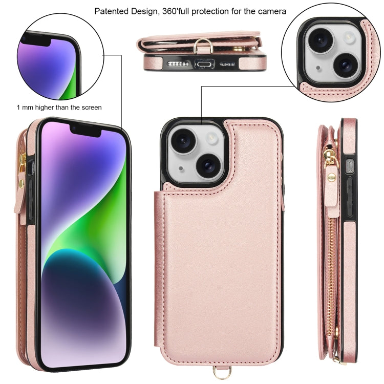 For iPhone 14 Double Flap Zipper RFID Leather Phone Case with Short Lanyard(Rose Gold) - iPhone 14 Cases by buy2fix | Online Shopping UK | buy2fix