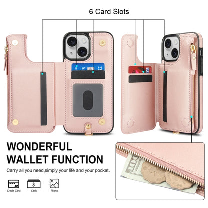 For iPhone 14 Double Flap Zipper RFID Leather Phone Case with Short Lanyard(Rose Gold) - iPhone 14 Cases by buy2fix | Online Shopping UK | buy2fix