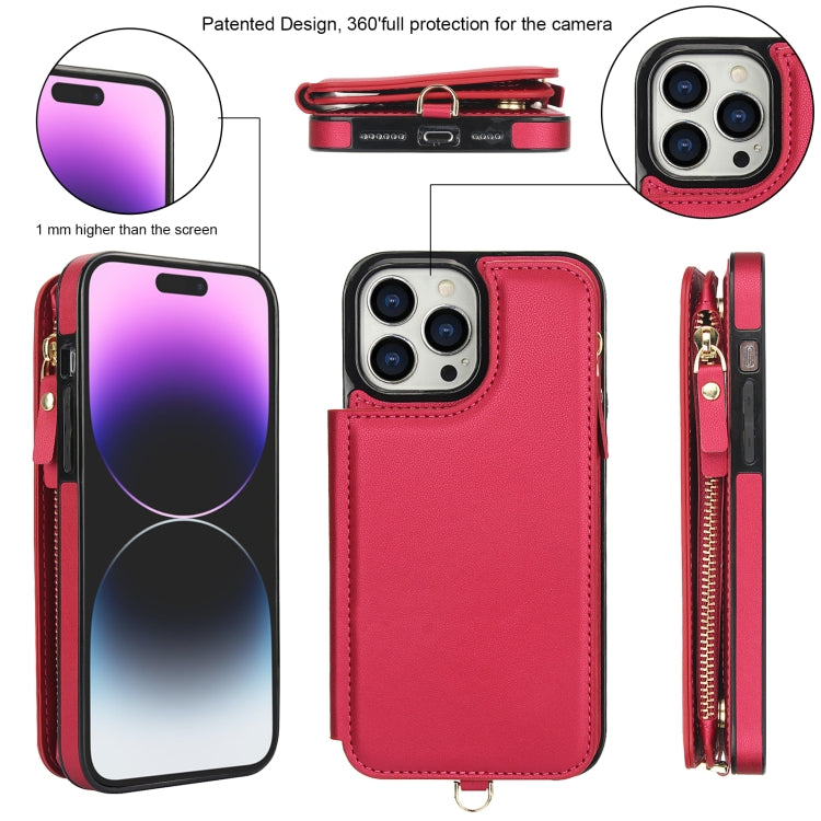 For iPhone 14 Pro Double Flap Zipper RFID Leather Phone Case with Short Lanyard(Red) - iPhone 14 Pro Cases by buy2fix | Online Shopping UK | buy2fix
