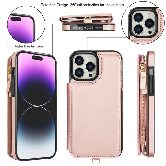 For iPhone 14 Pro Double Flap Zipper RFID Leather Phone Case with Short Lanyard(Rose Gold) - iPhone 14 Pro Cases by buy2fix | Online Shopping UK | buy2fix
