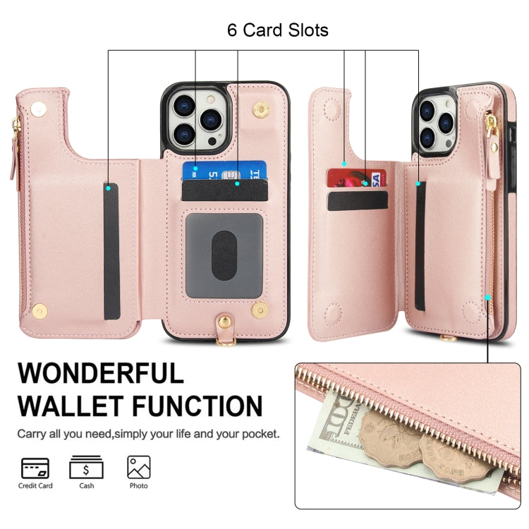 For iPhone 14 Pro Double Flap Zipper RFID Leather Phone Case with Short Lanyard(Rose Gold) - iPhone 14 Pro Cases by buy2fix | Online Shopping UK | buy2fix