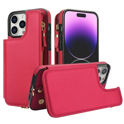 For iPhone 14 Pro Max Double Flap Zipper RFID Leather Phone Case with Short Lanyard(Red) - iPhone 14 Pro Max Cases by buy2fix | Online Shopping UK | buy2fix