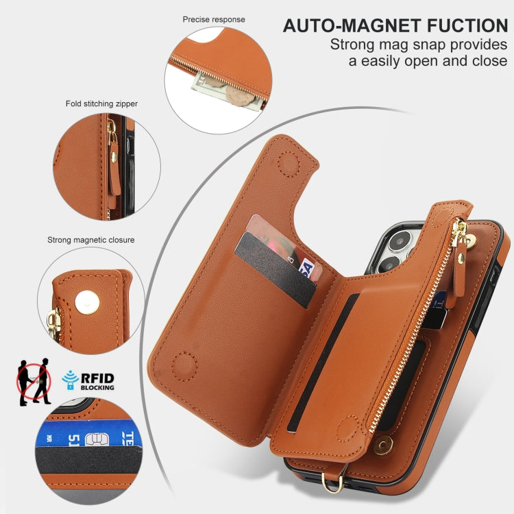 For iPhone 14 Pro Max Double Flap Zipper RFID Leather Phone Case with Short Lanyard(Brown) - iPhone 14 Pro Max Cases by buy2fix | Online Shopping UK | buy2fix