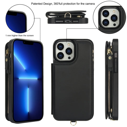 For iPhone 13 Pro Max Double Flap Zipper RFID Leather Phone Case with Short Lanyard(Black) - iPhone 13 Pro Max Cases by buy2fix | Online Shopping UK | buy2fix