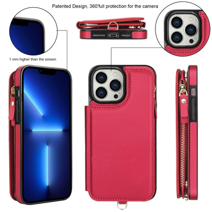 For iPhone 13 Pro Max Double Flap Zipper RFID Leather Phone Case with Short Lanyard(Red) - iPhone 13 Pro Max Cases by buy2fix | Online Shopping UK | buy2fix
