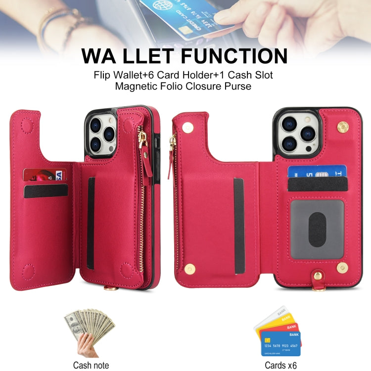 For iPhone 13 Pro Max Double Flap Zipper RFID Leather Phone Case with Short Lanyard(Red) - iPhone 13 Pro Max Cases by buy2fix | Online Shopping UK | buy2fix