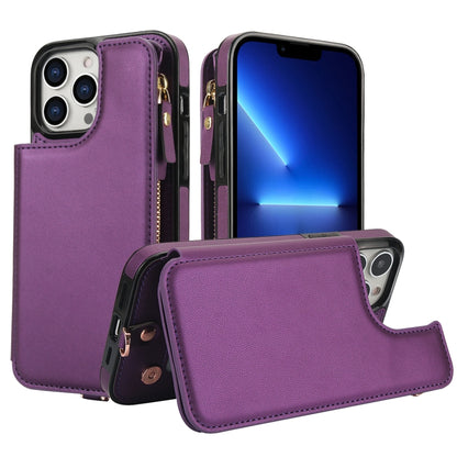 For iPhone 13 Pro Max Double Flap Zipper RFID Leather Phone Case with Short Lanyard(Dark Purple) - iPhone 13 Pro Max Cases by buy2fix | Online Shopping UK | buy2fix