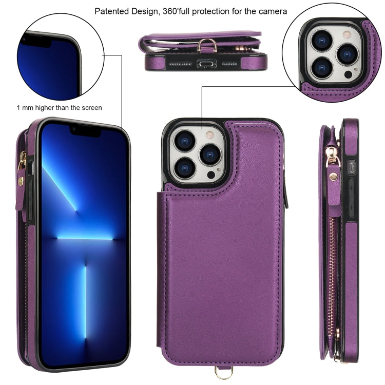 For iPhone 13 Pro Max Double Flap Zipper RFID Leather Phone Case with Short Lanyard(Dark Purple) - iPhone 13 Pro Max Cases by buy2fix | Online Shopping UK | buy2fix