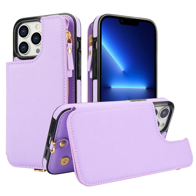 For iPhone 13 Pro Max Double Flap Zipper RFID Leather Phone Case with Short Lanyard(Light Purple) - iPhone 13 Pro Max Cases by buy2fix | Online Shopping UK | buy2fix