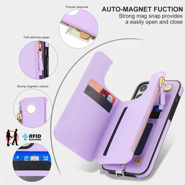 For iPhone 13 Pro Max Double Flap Zipper RFID Leather Phone Case with Short Lanyard(Light Purple) - iPhone 13 Pro Max Cases by buy2fix | Online Shopping UK | buy2fix