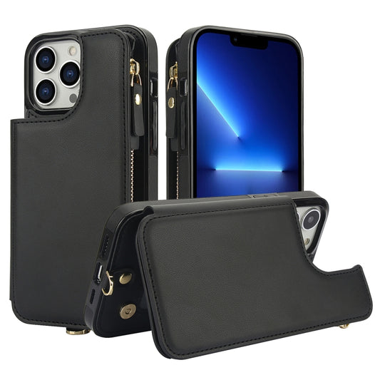 For iPhone 13 Pro Double Flap Zipper RFID Leather Phone Case with Short Lanyard(Black) - iPhone 13 Pro Cases by buy2fix | Online Shopping UK | buy2fix