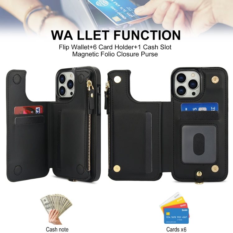 For iPhone 13 Pro Double Flap Zipper RFID Leather Phone Case with Short Lanyard(Black) - iPhone 13 Pro Cases by buy2fix | Online Shopping UK | buy2fix