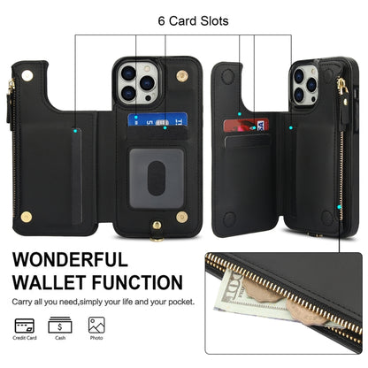 For iPhone 13 Pro Double Flap Zipper RFID Leather Phone Case with Short Lanyard(Black) - iPhone 13 Pro Cases by buy2fix | Online Shopping UK | buy2fix