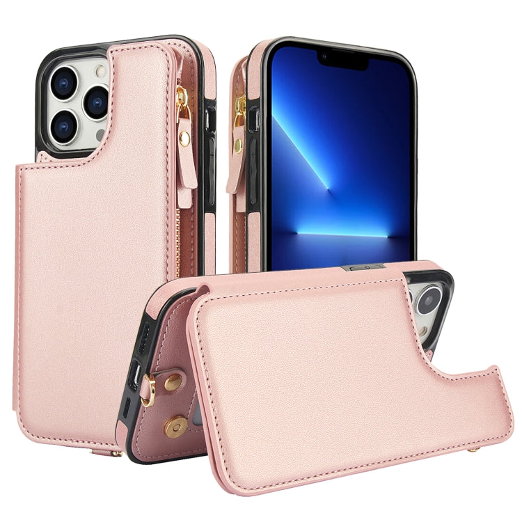 For iPhone 13 Pro Double Flap Zipper RFID Leather Phone Case with Short Lanyard(Rose Gold) - iPhone 13 Pro Cases by buy2fix | Online Shopping UK | buy2fix