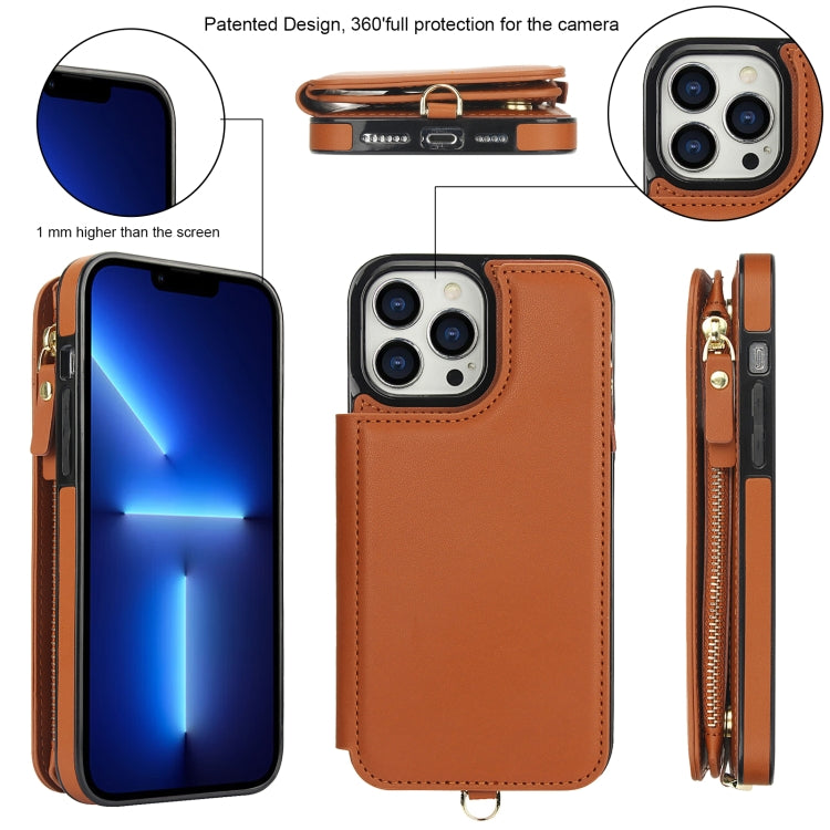 For iPhone 13 Pro Double Flap Zipper RFID Leather Phone Case with Short Lanyard(Brown) - iPhone 13 Pro Cases by buy2fix | Online Shopping UK | buy2fix