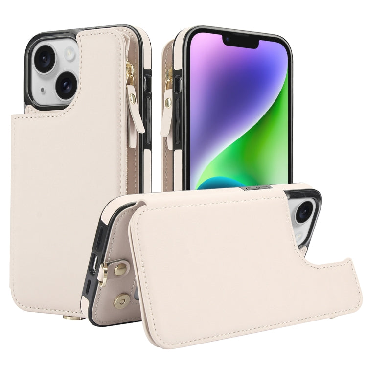 For iPhone 13 Double Flap Zipper RFID Leather Phone Case with Short Lanyard(White) - iPhone 13 Cases by buy2fix | Online Shopping UK | buy2fix
