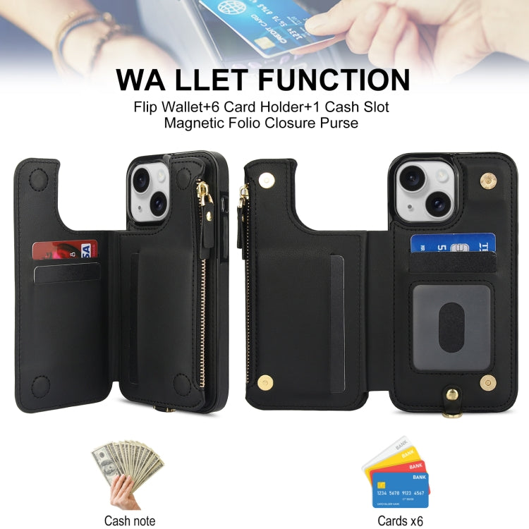 For iPhone 13 Double Flap Zipper RFID Leather Phone Case with Short Lanyard(Black) - iPhone 13 Cases by buy2fix | Online Shopping UK | buy2fix