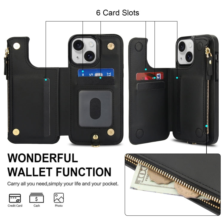 For iPhone 13 Double Flap Zipper RFID Leather Phone Case with Short Lanyard(Black) - iPhone 13 Cases by buy2fix | Online Shopping UK | buy2fix