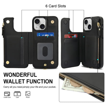 For iPhone 13 Double Flap Zipper RFID Leather Phone Case with Short Lanyard(Black) - iPhone 13 Cases by buy2fix | Online Shopping UK | buy2fix