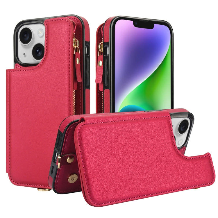 For iPhone 13 Double Flap Zipper RFID Leather Phone Case with Short Lanyard(Red) - iPhone 13 Cases by buy2fix | Online Shopping UK | buy2fix