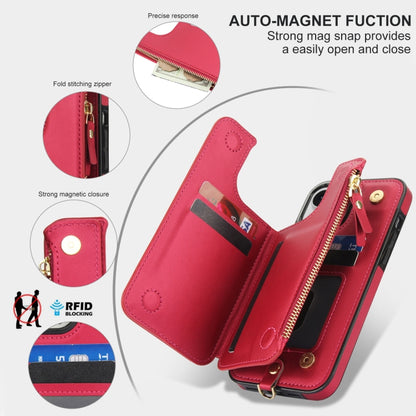 For iPhone 13 Double Flap Zipper RFID Leather Phone Case with Short Lanyard(Red) - iPhone 13 Cases by buy2fix | Online Shopping UK | buy2fix