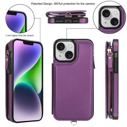 For iPhone 13 Double Flap Zipper RFID Leather Phone Case with Short Lanyard(Dark Purple) - iPhone 13 Cases by buy2fix | Online Shopping UK | buy2fix