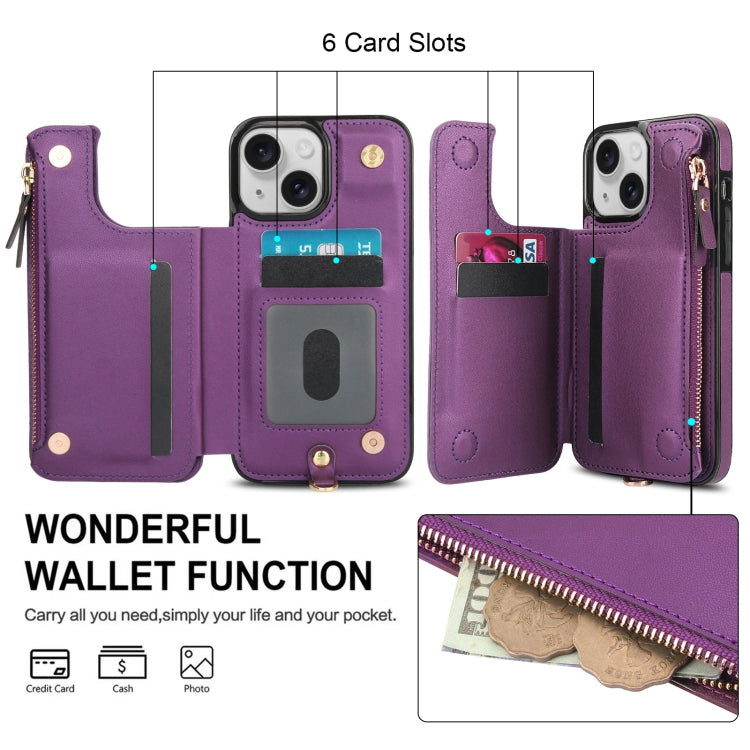 For iPhone 13 Double Flap Zipper RFID Leather Phone Case with Short Lanyard(Dark Purple) - iPhone 13 Cases by buy2fix | Online Shopping UK | buy2fix