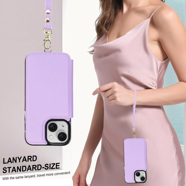 For iPhone 13 Double Flap Zipper RFID Leather Phone Case with Short Lanyard(Light Purple) - iPhone 13 Cases by buy2fix | Online Shopping UK | buy2fix