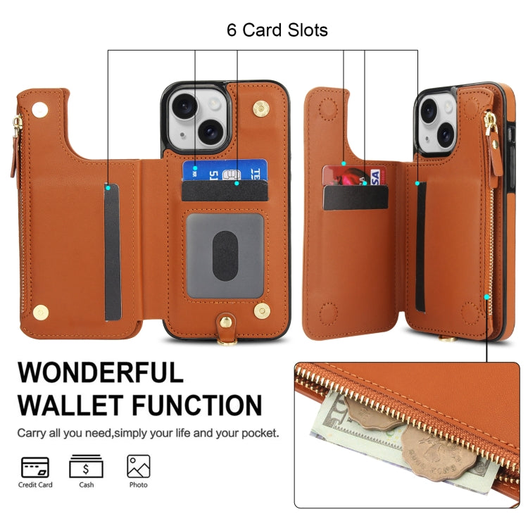 For iPhone 13 Double Flap Zipper RFID Leather Phone Case with Short Lanyard(Brown) - iPhone 13 Cases by buy2fix | Online Shopping UK | buy2fix