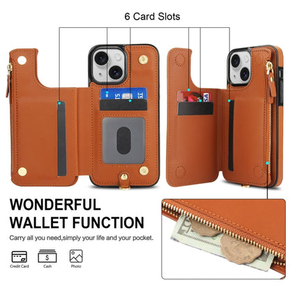 For iPhone 13 Double Flap Zipper RFID Leather Phone Case with Short Lanyard(Brown) - iPhone 13 Cases by buy2fix | Online Shopping UK | buy2fix