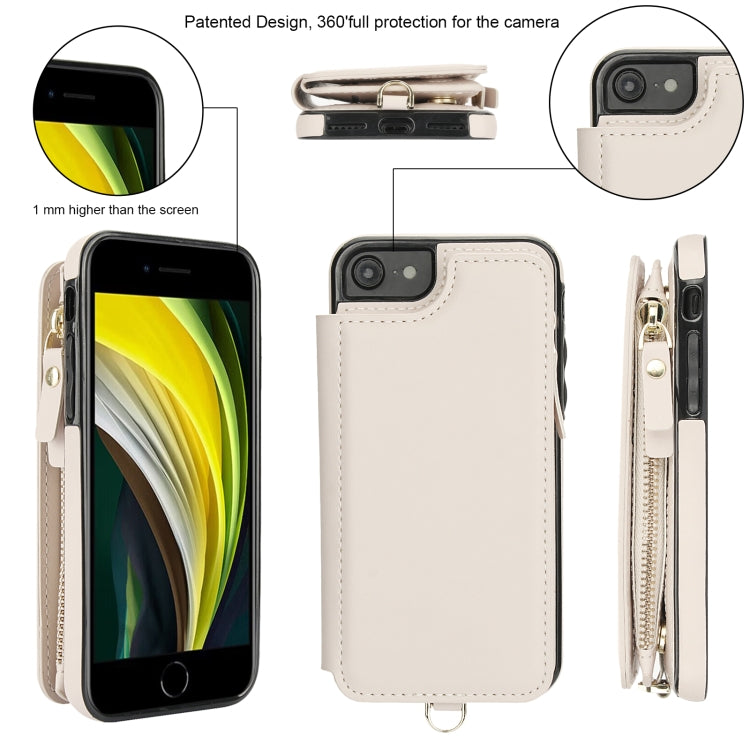 For iPhone SE 2022 / 2020 / 8 Double Flap Zipper RFID Leather Phone Case with Short Lanyard(White) - iPhone SE 2022 / 2020 / 8 / 7 Cases by buy2fix | Online Shopping UK | buy2fix