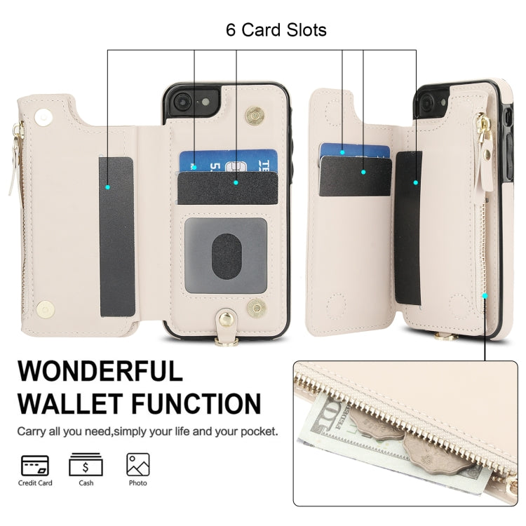 For iPhone SE 2022 / 2020 / 8 Double Flap Zipper RFID Leather Phone Case with Short Lanyard(White) - iPhone SE 2022 / 2020 / 8 / 7 Cases by buy2fix | Online Shopping UK | buy2fix