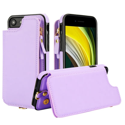 For iPhone SE 2022 / 2020 / 8 Double Flap Zipper RFID Leather Phone Case with Short Lanyard(Light Purple) - iPhone SE 2022 / 2020 / 8 / 7 Cases by buy2fix | Online Shopping UK | buy2fix
